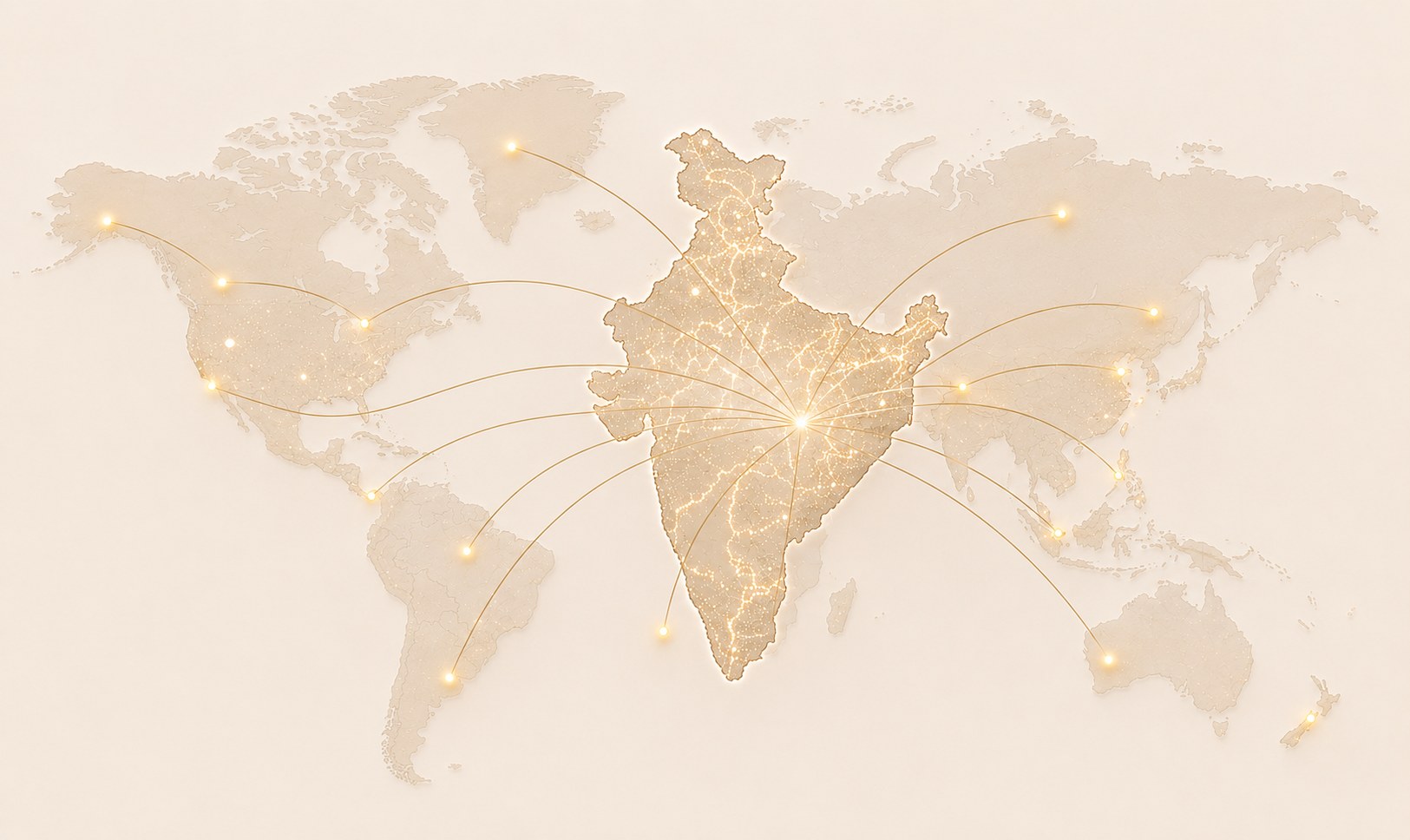 A world map illustrating Faayah's distribution network radiating out from India