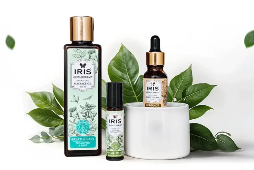 IRIS aromatherapy massage oil, roll-on and essential oil trio