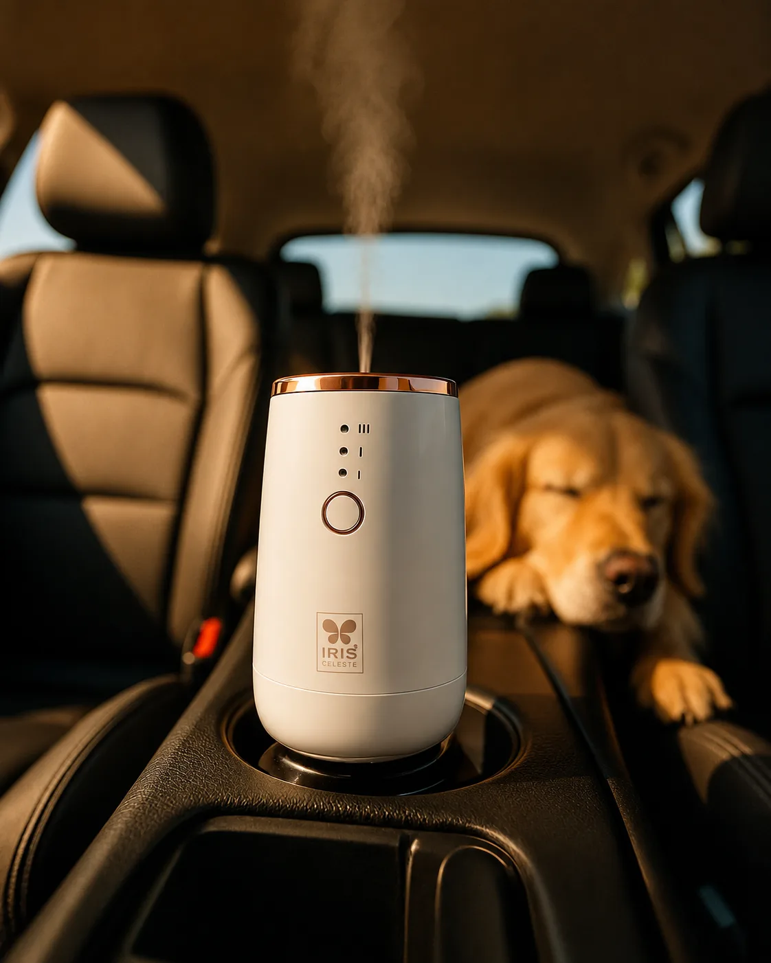 IRIS Celeste car aroma diffuser misting with a dog resting in the back seat