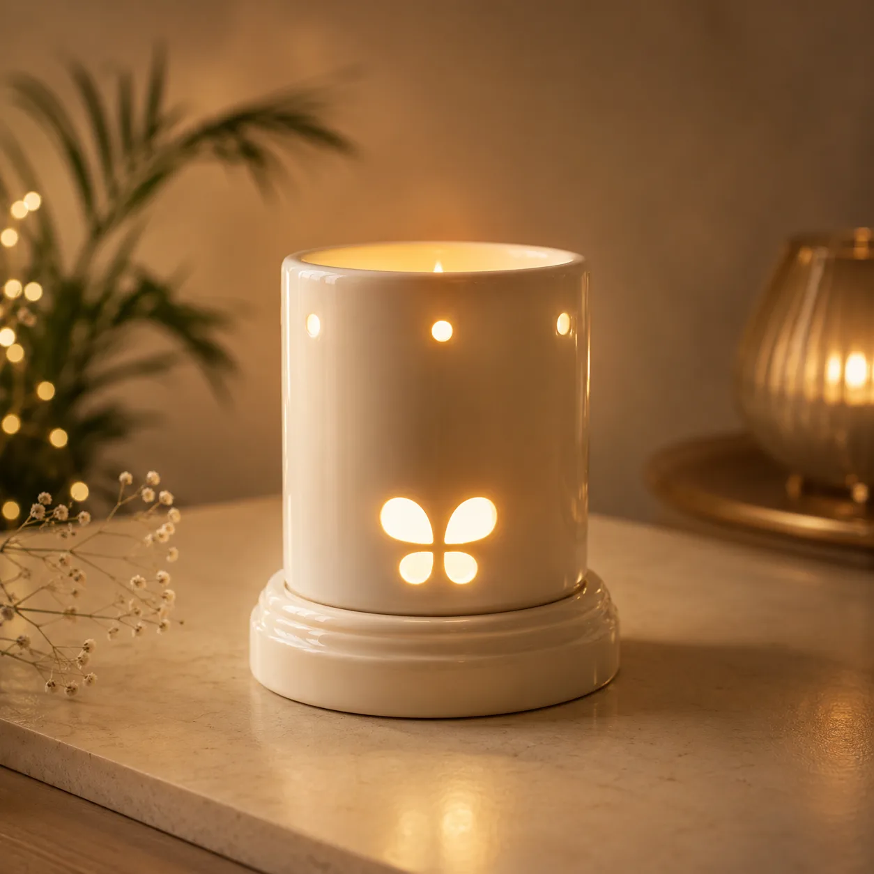 IRIS ceramic electric vaporizer glowing on a bedside table