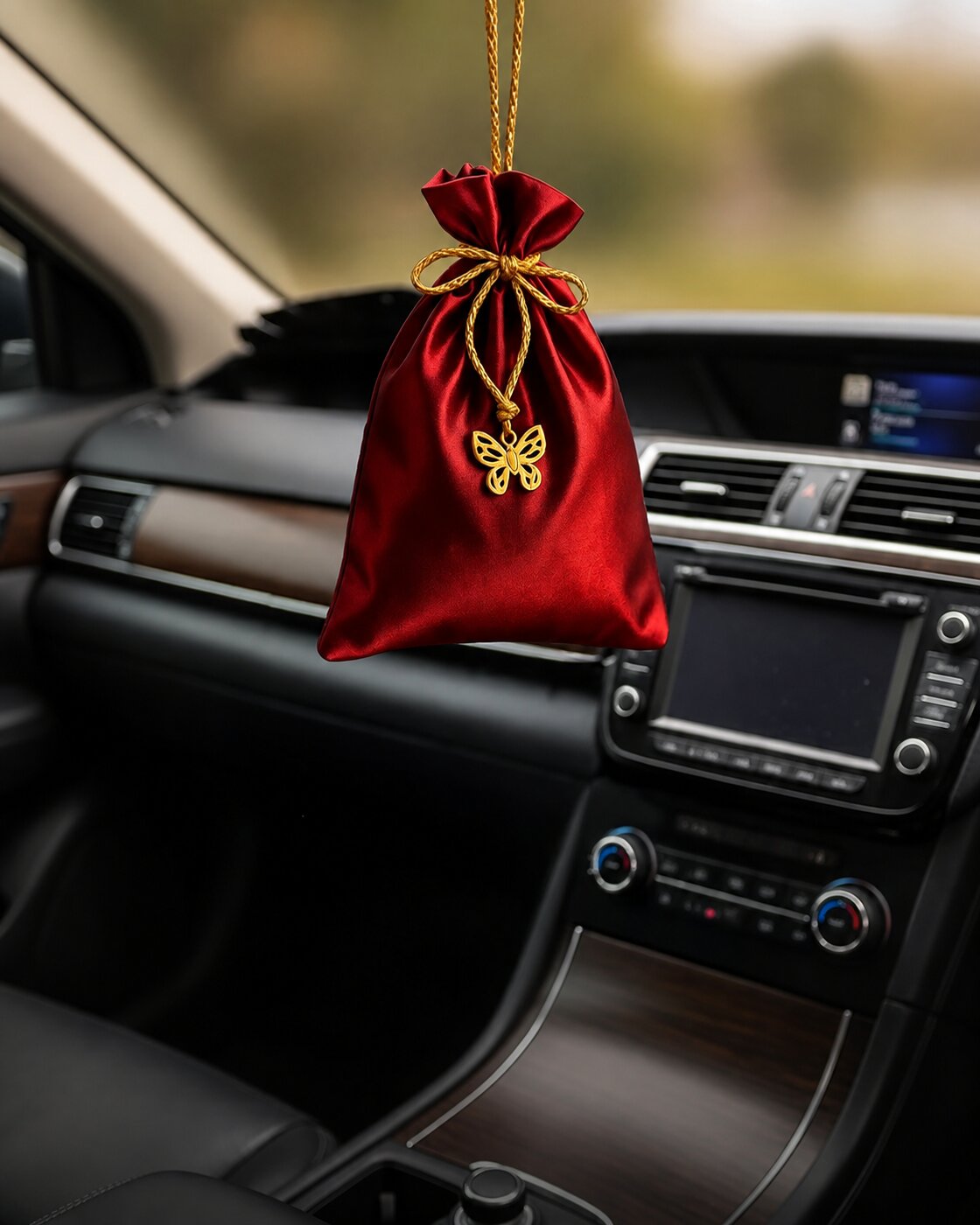 Fragrance beads pouch hanging in a car interior