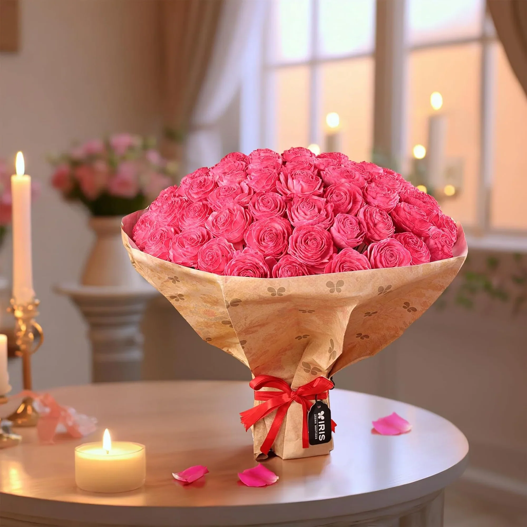 IRIS Aroma Boutique rose bouquet styled in a candlelit room