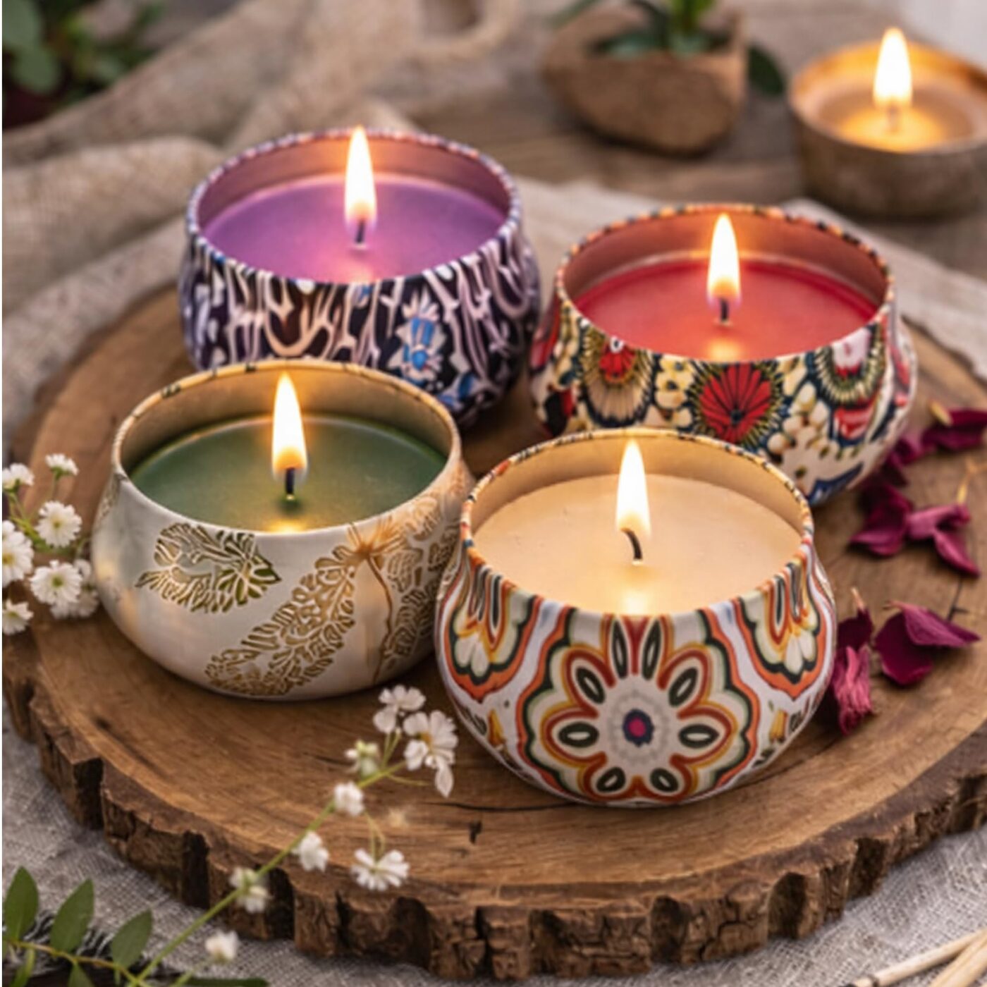 Four IRIS Botanics tin candles lit and styled together