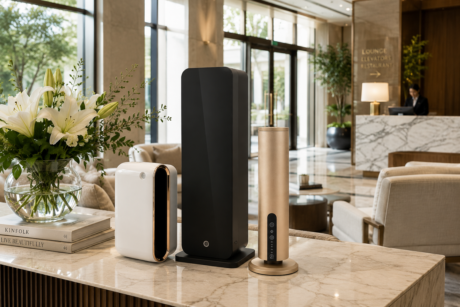 IRIS Celeste tower aroma diffuser in a hotel lobby