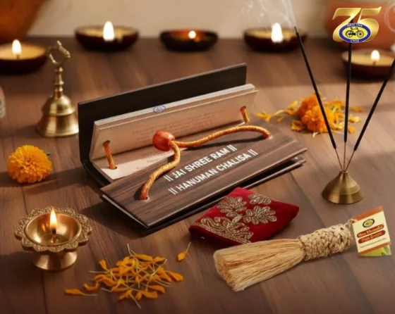 Hanuman Chalisa book with incense sticks, diyas and marigolds