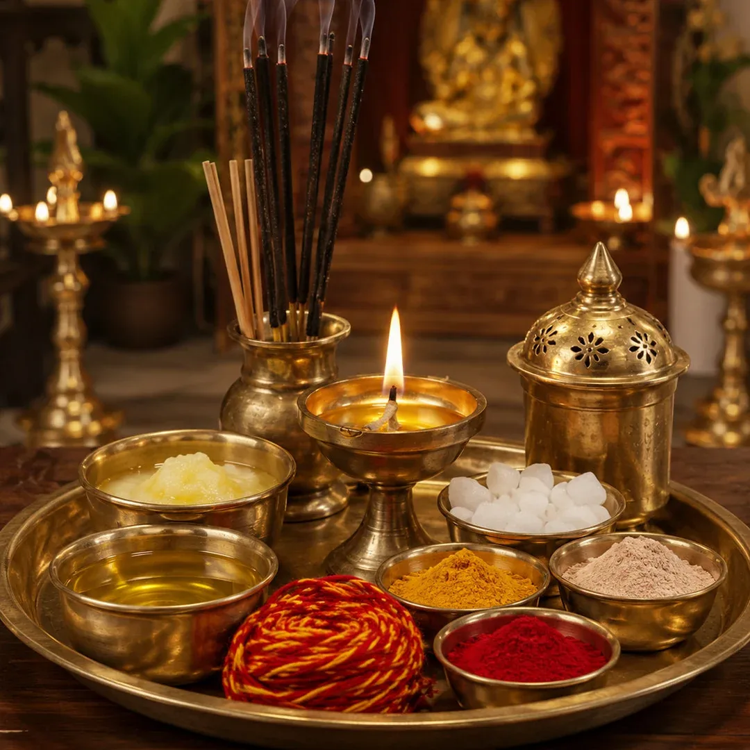 Brass puja thali with ghee, kumkum, camphor and incense before the altar