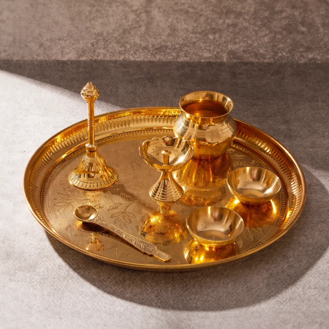 Brass puja thali set with kalash, bell and offering bowls
