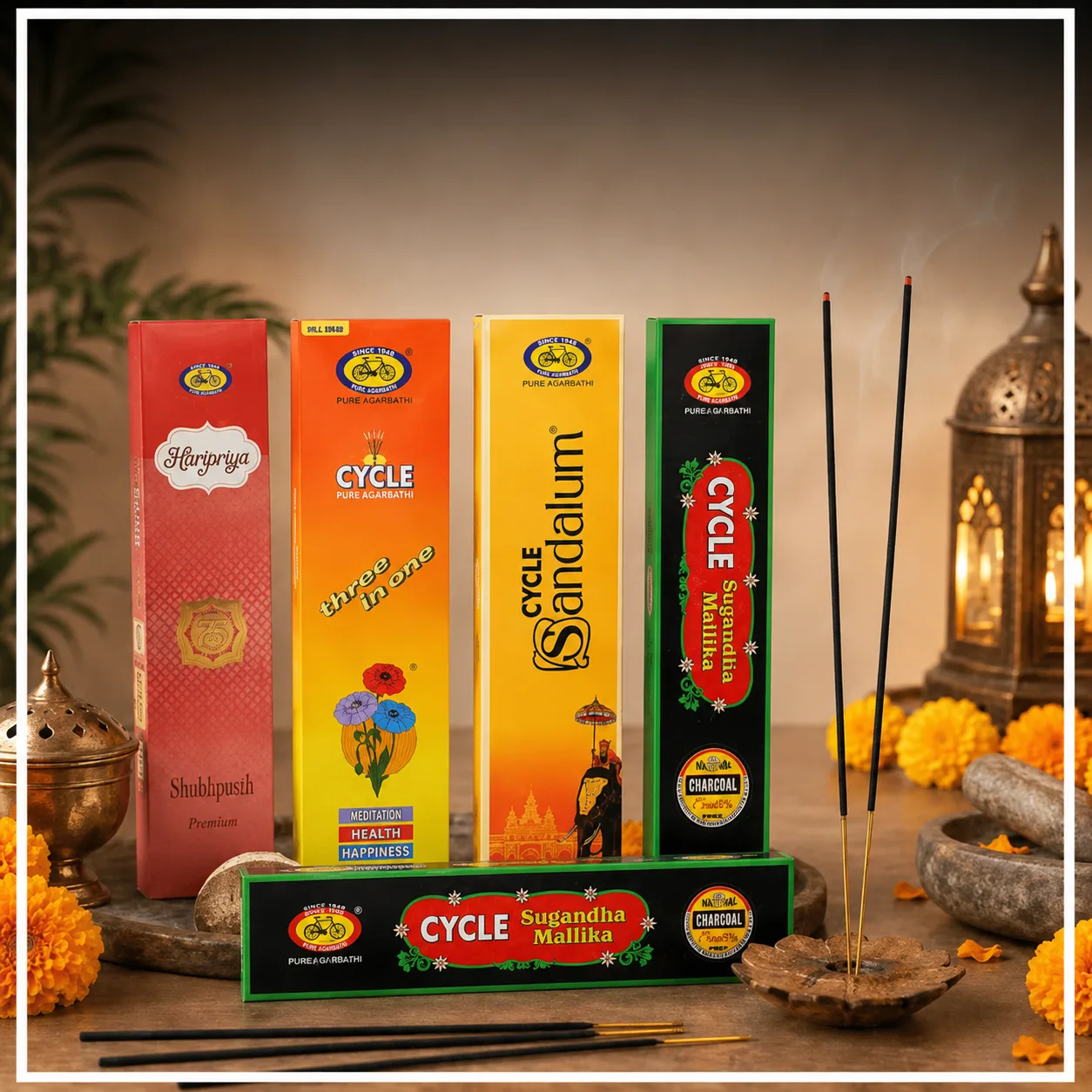 Cycle scented agarbatti boxes styled with a lit incense holder